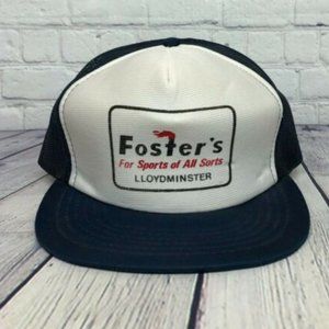 Vintage Trucker Hat Mesh Foster's For Sports of All Sorts Cap Navy Cracked Bill